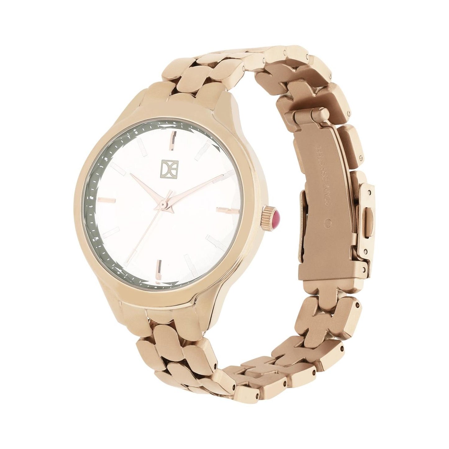 Reloj Analogo para Dama con Cristal Facetado, de Acero Inoxidable Color Plateado OE2439