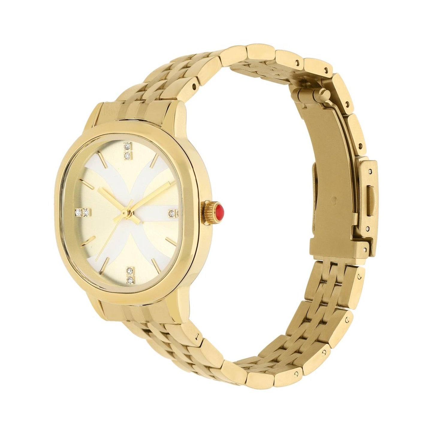 Reloj Analogo para Dama con Pedreria en Indicadores, Fondo Rosa y Extensible Color Plateado OE2440