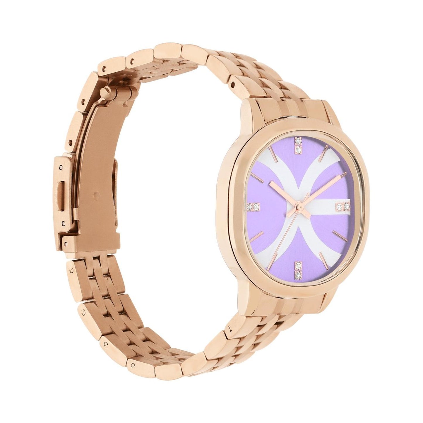 Reloj Analogo para Dama con Pedreria en Indicadores, Fondo Rosa y Extensible Color Plateado OE2440
