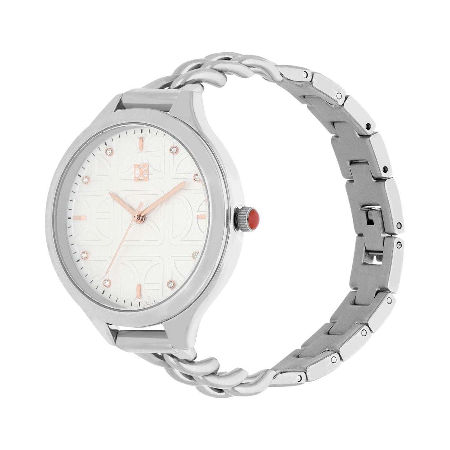 Reloj Para Dama con Pedrería en Indicadores y Correa de Metal Color Plateado OE2429