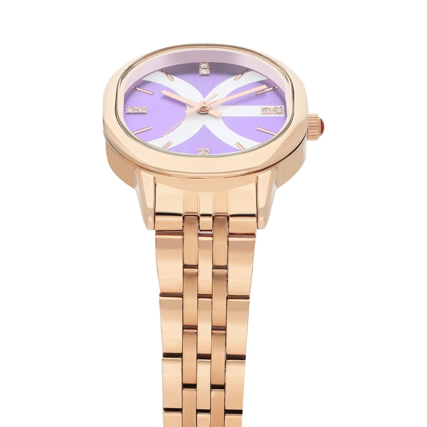 Reloj Analogo para Dama con Pedreria en Indicadores, Fondo Rosa y Extensible Color Plateado OE2440