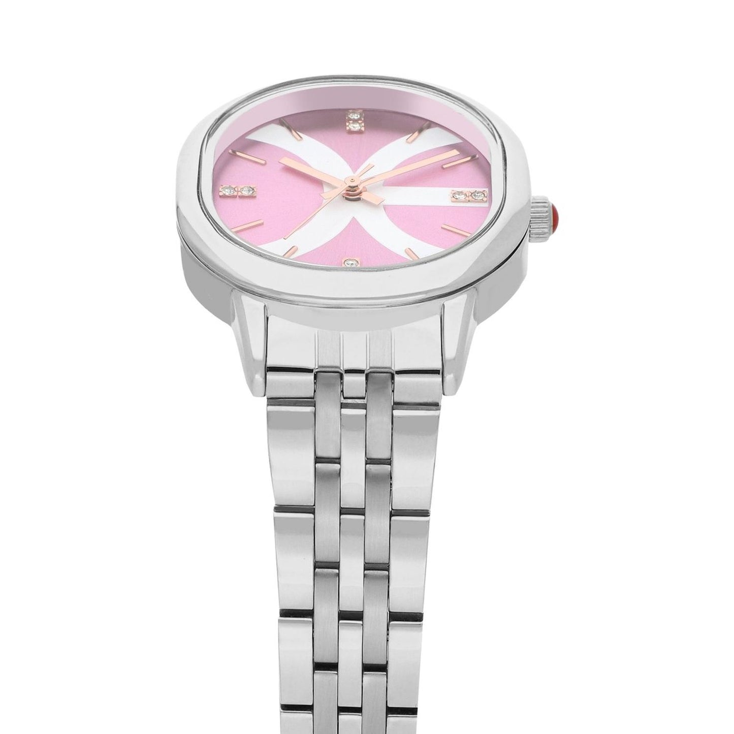 Reloj Analogo para Dama con Pedreria en Indicadores, Fondo Rosa y Extensible Color Plateado OE2440