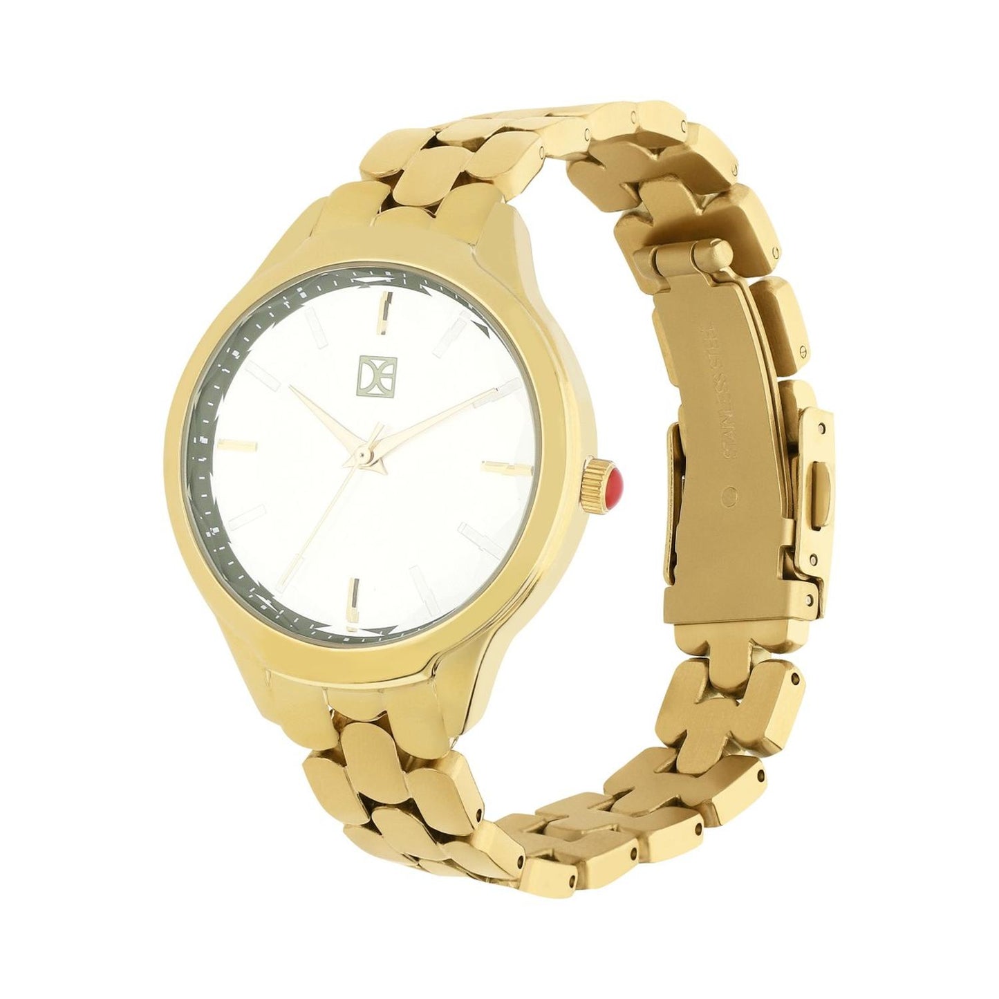 Reloj Analogo para Dama con Cristal Facetado, de Acero Inoxidable Color Plateado OE2439