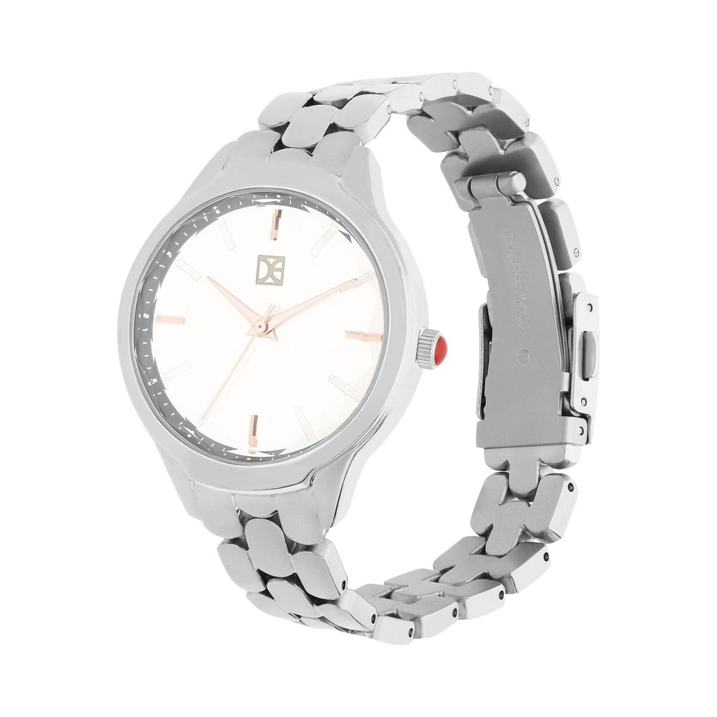 Reloj Analogo para Dama con Cristal Facetado, de Acero Inoxidable Color Plateado OE2439