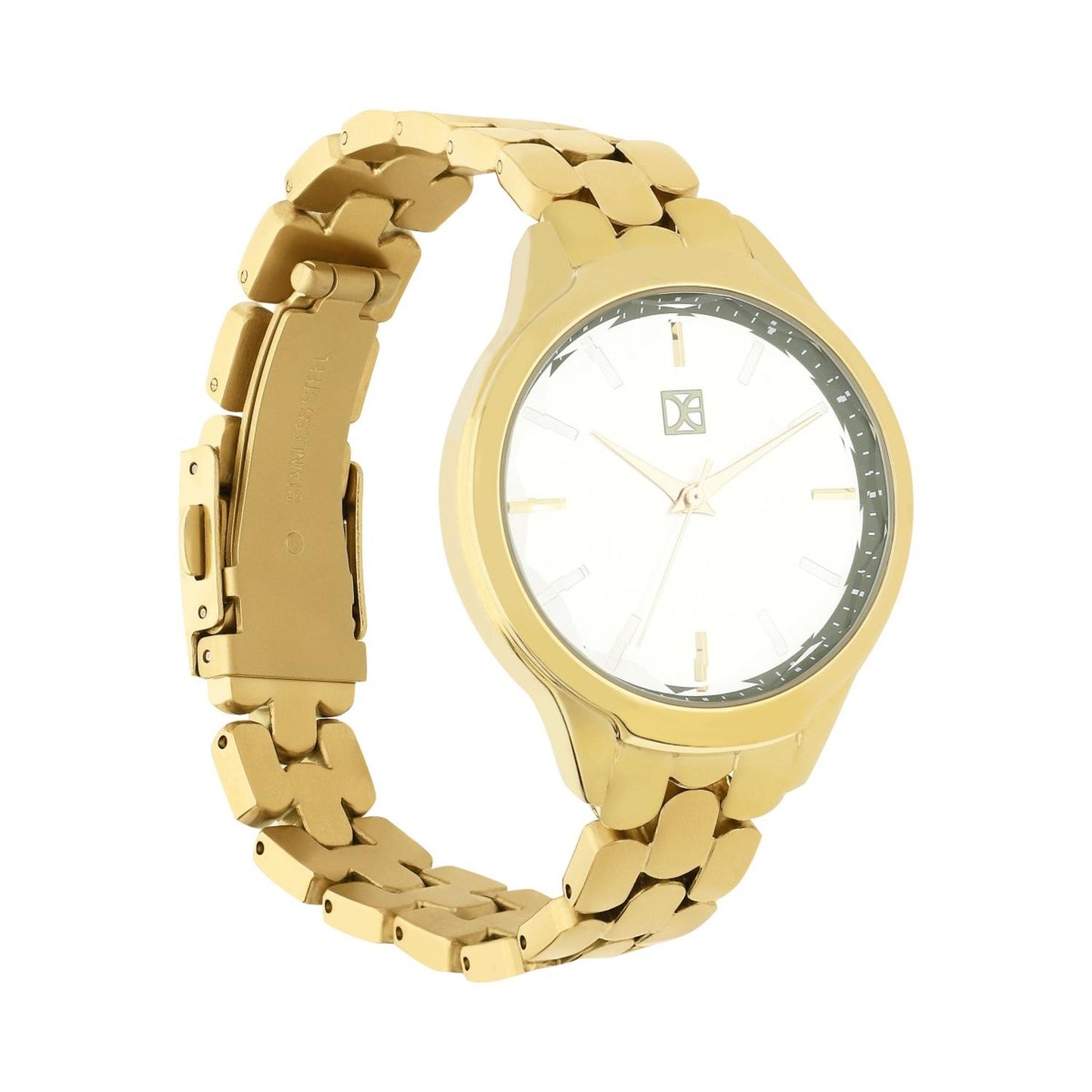Reloj Analogo para Dama con Cristal Facetado, de Acero Inoxidable Color Plateado OE2439