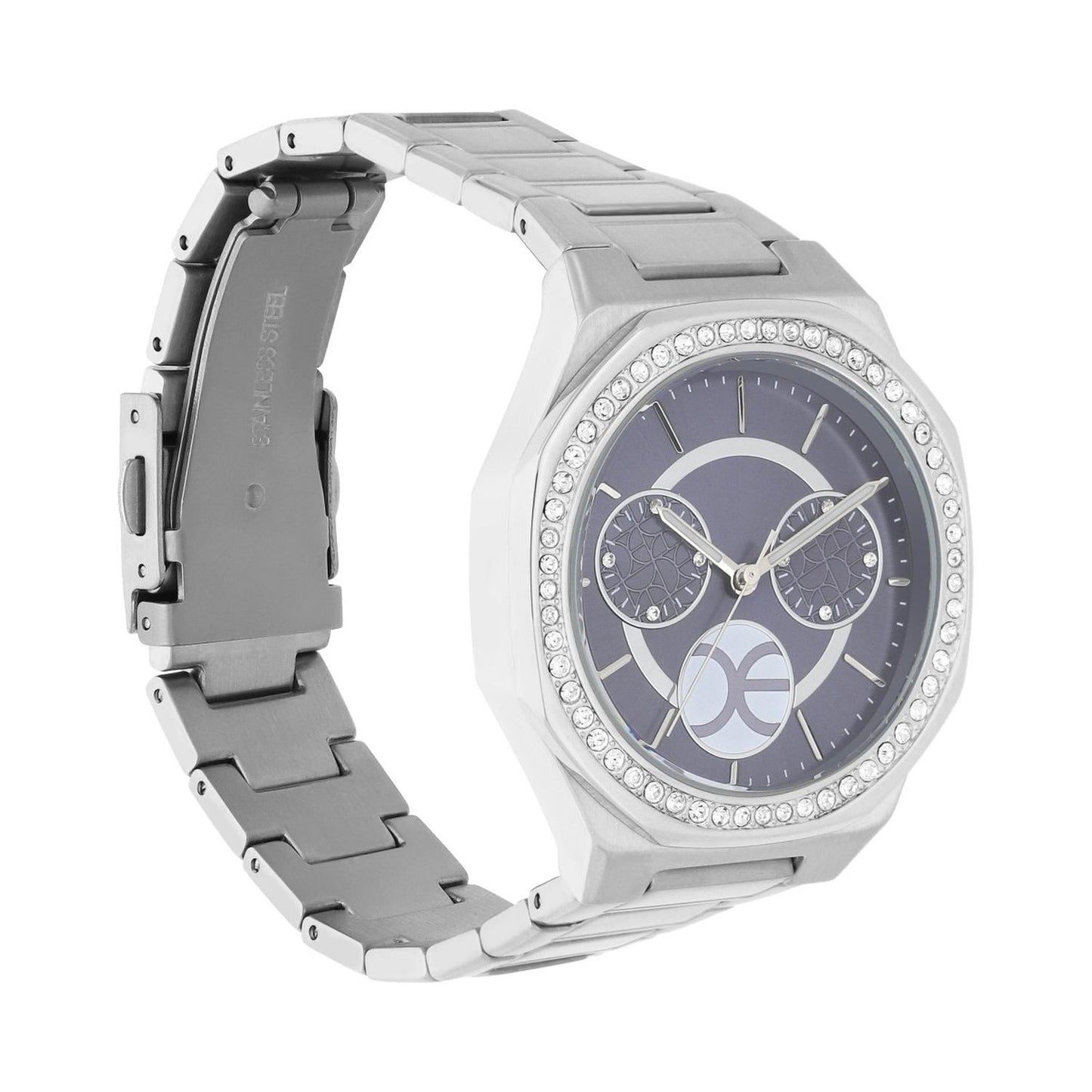 Reloj Cloe Analogo para Dama con Pedreria en Bisel, Simuladores y Extensible Color Plateado OE2443