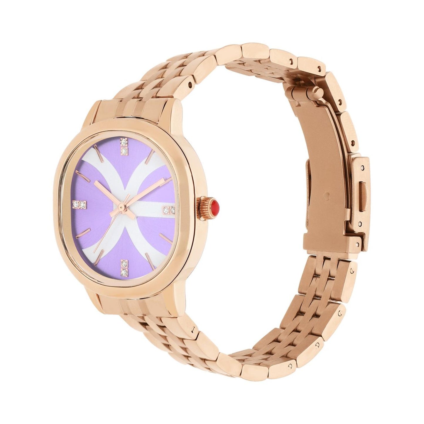 Reloj Analogo para Dama con Pedreria en Indicadores, Fondo Rosa y Extensible Color Plateado OE2440