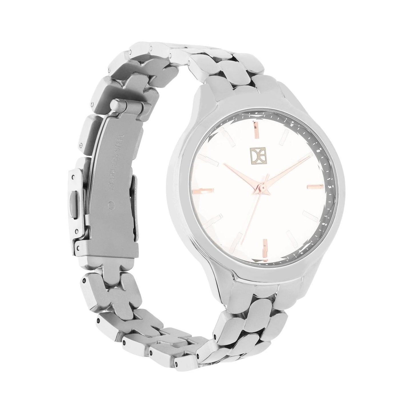 Reloj Analogo para Dama con Cristal Facetado, de Acero Inoxidable Color Plateado OE2439