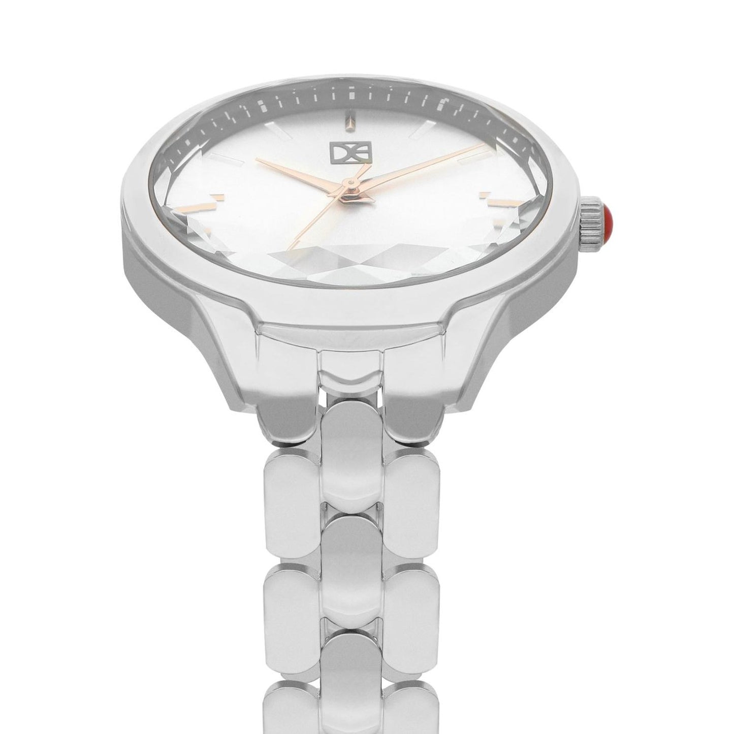 Reloj Analogo para Dama con Cristal Facetado, de Acero Inoxidable Color Plateado OE2439