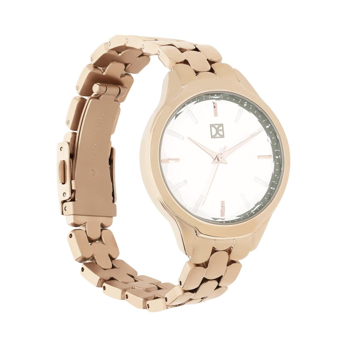Reloj Analogo para Dama con Cristal Facetado, de Acero Inoxidable Color Plateado OE2439