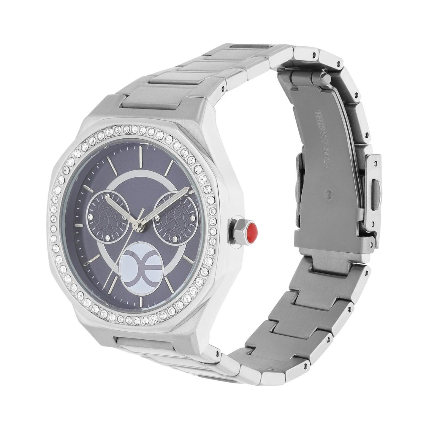 Reloj Cloe Analogo para Dama con Pedreria en Bisel, Simuladores y Extensible Color Plateado OE2443