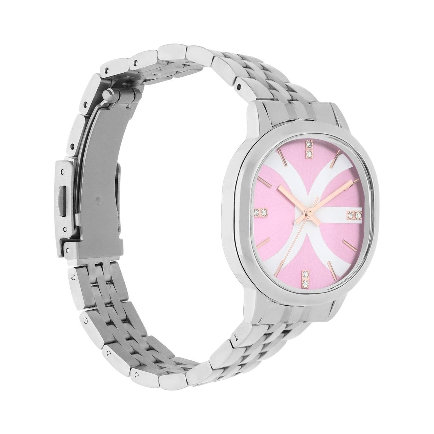 Reloj Analogo para Dama con Pedreria en Indicadores, Fondo Rosa y Extensible Color Plateado OE2440