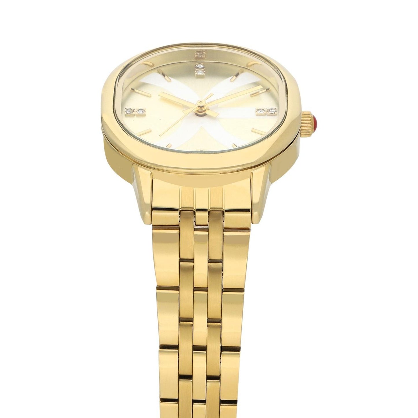 Reloj Analogo para Dama con Pedreria en Indicadores, Fondo Rosa y Extensible Color Plateado OE2440