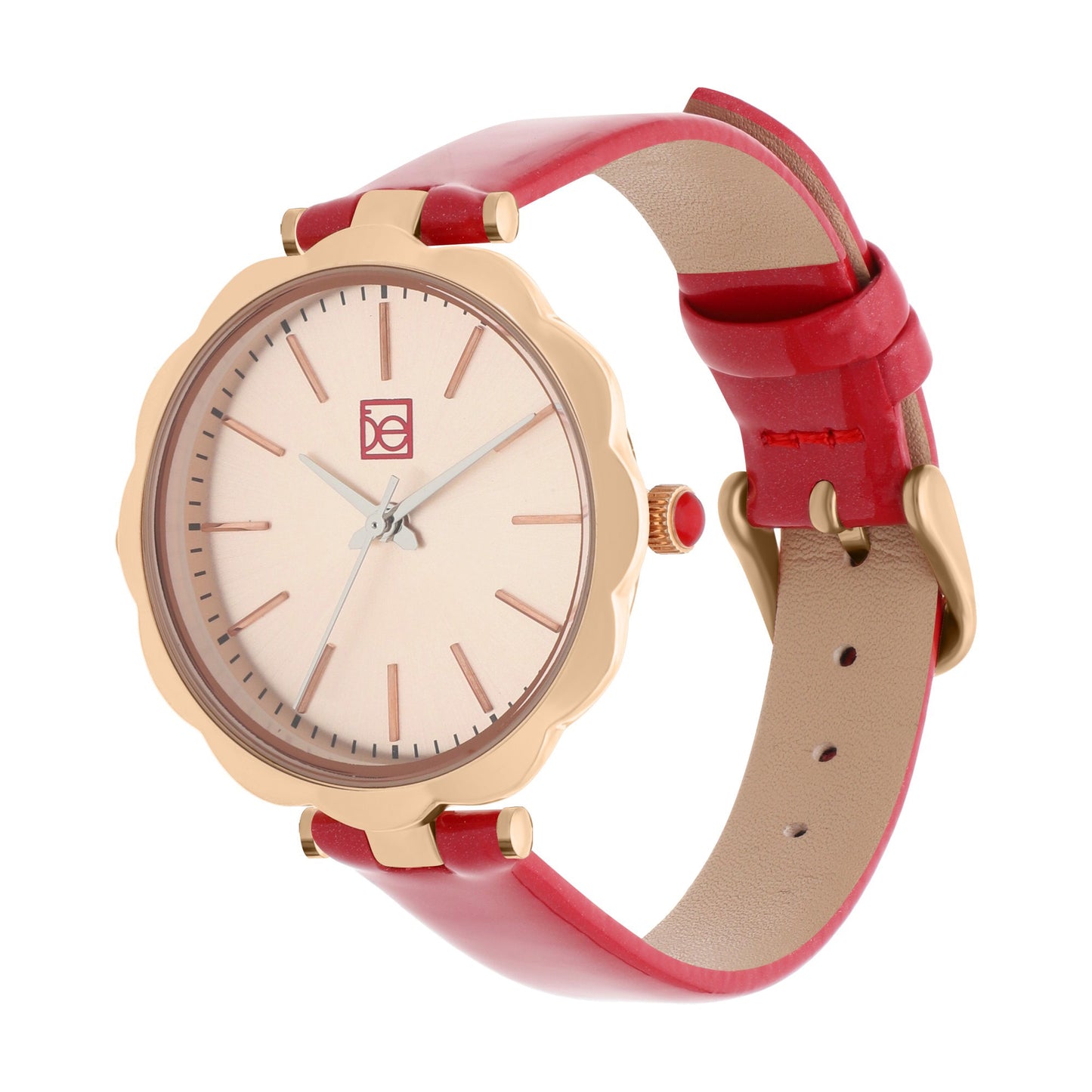 Reloj Cloe Análogo para Dama con Bisel en Forma de Flor y Correa de Charol