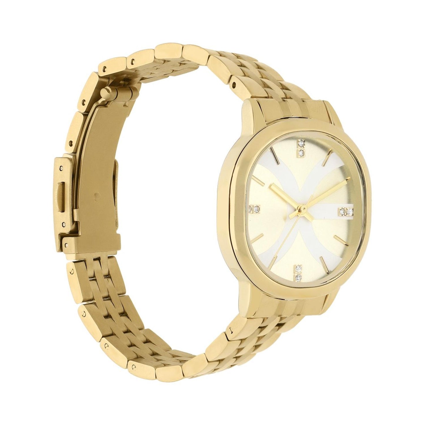 Reloj Analogo para Dama con Pedreria en Indicadores, Fondo Rosa y Extensible Color Plateado OE2440