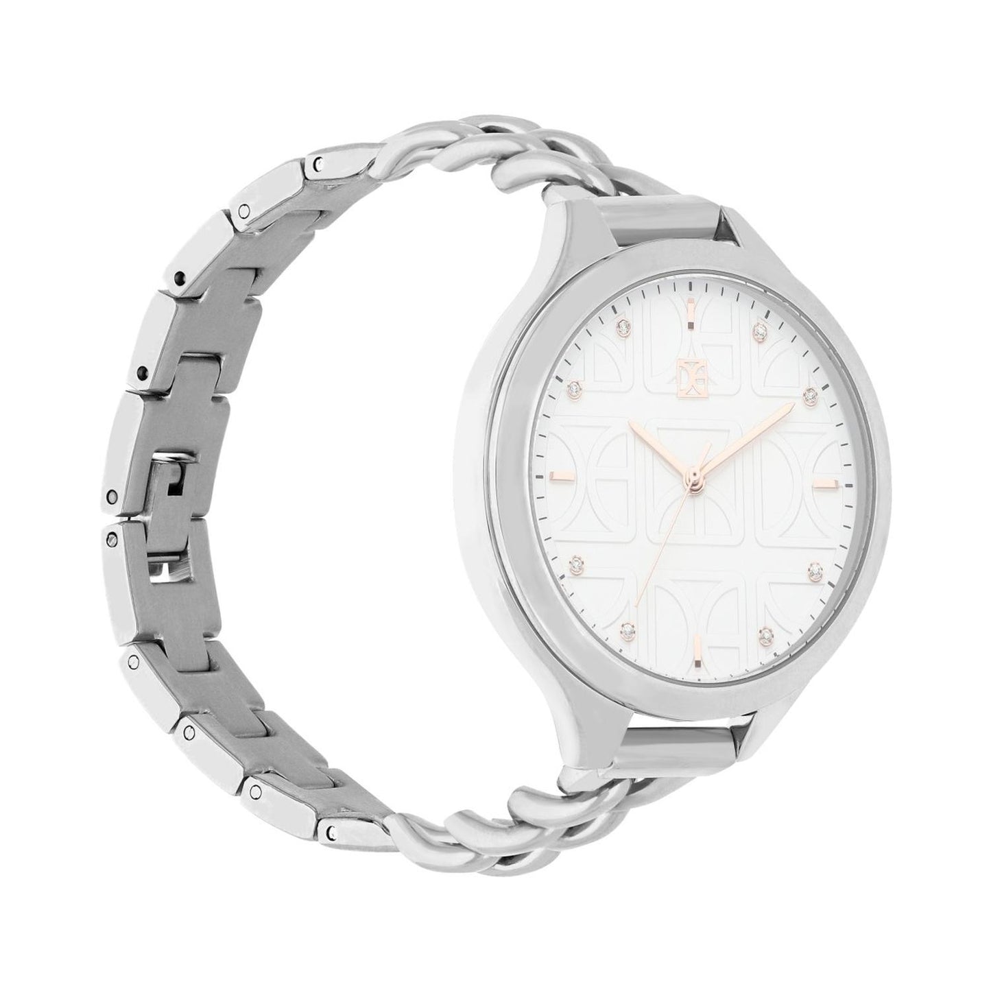 Reloj Para Dama con Pedrería en Indicadores y Correa de Metal Color Plateado OE2429