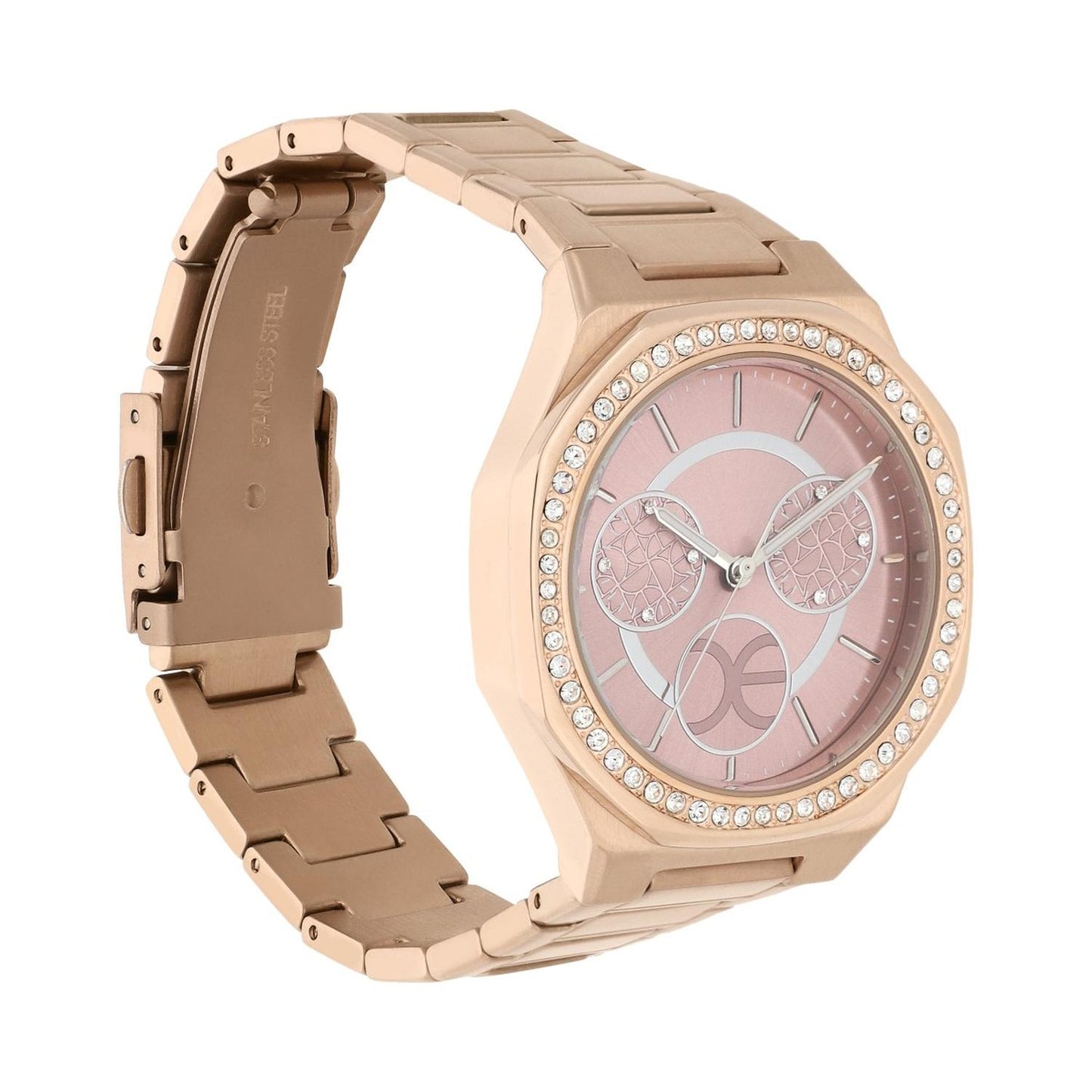 Reloj Cloe Analogo para Dama con Pedreria en Bisel, Simuladores y Extensible Color Plateado OE2443