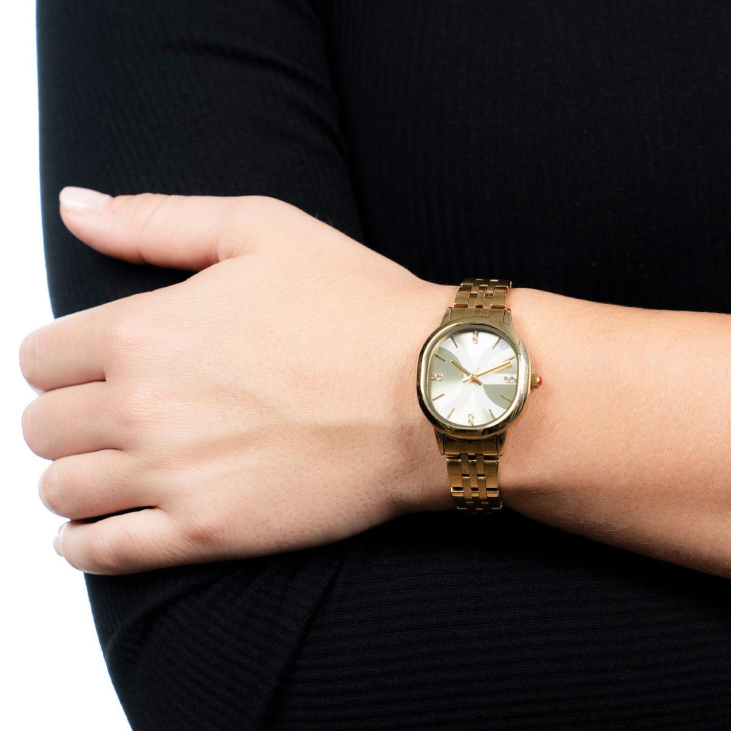 Reloj Analogo para Dama con Pedreria en Indicadores, Fondo Rosa y Extensible Color Plateado OE2440