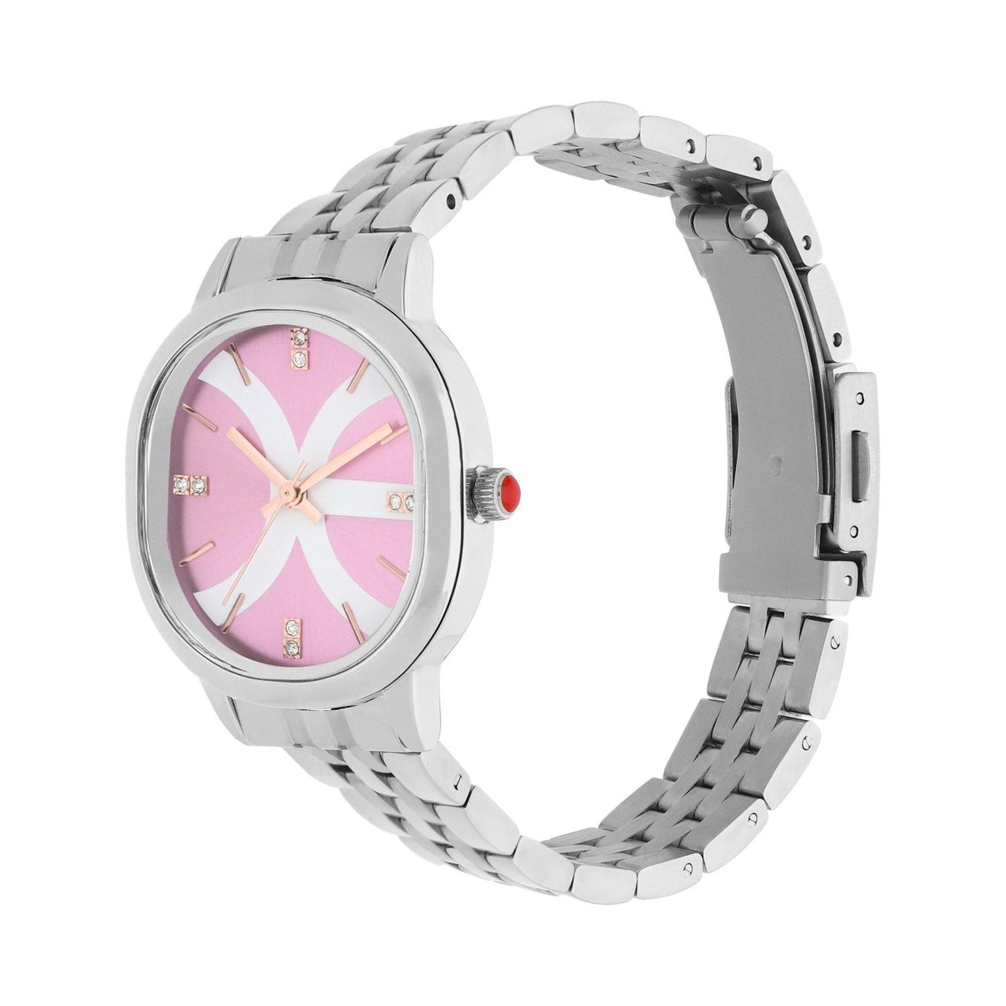 Reloj Analogo para Dama con Pedreria en Indicadores, Fondo Rosa y Extensible Color Plateado OE2440