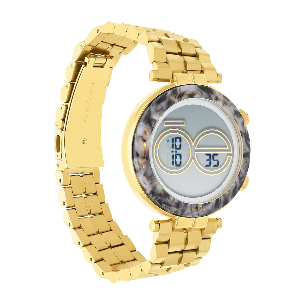 Reloj Cloe Digital para Dama con Bisel Tipo Mármol y Extensible de Acero Inoxidable OE2537