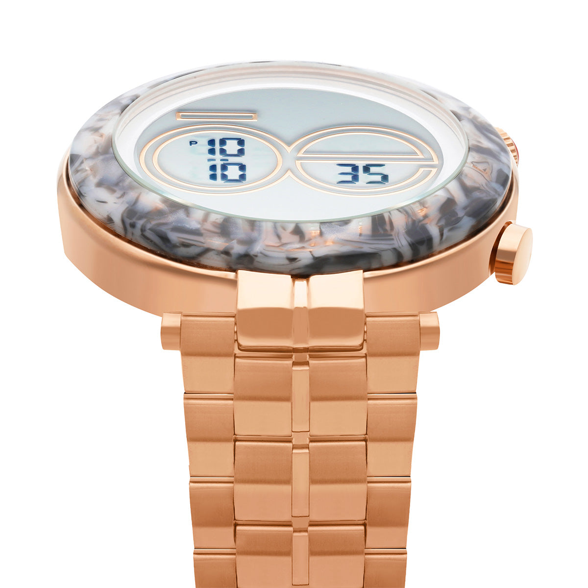 Reloj Cloe Digital para Dama con Bisel Tipo Mármol y Extensible de Acero Inoxidable OE2537