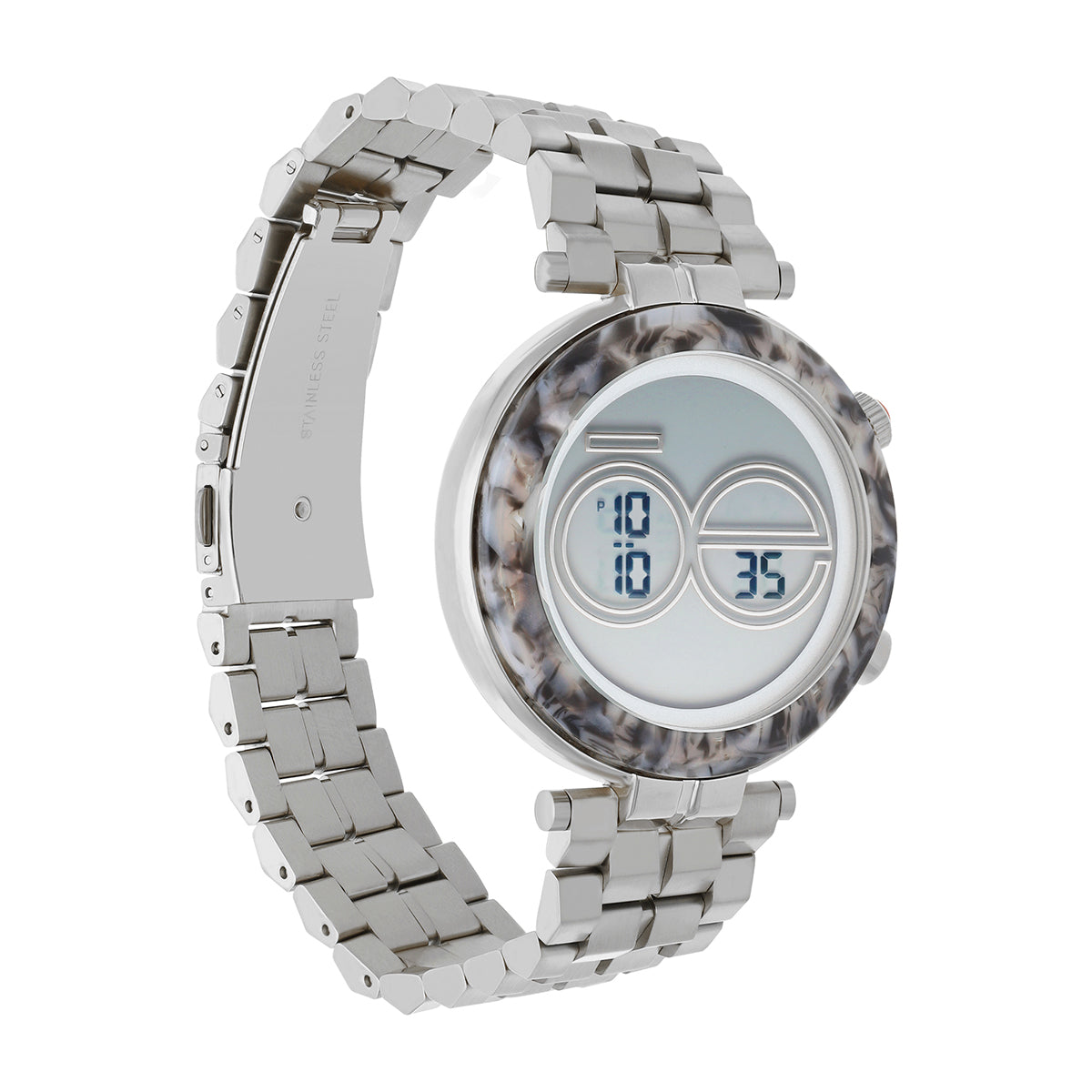 Reloj Cloe Digital para Dama con Bisel Tipo Mármol y Extensible de Acero Inoxidable OE2537