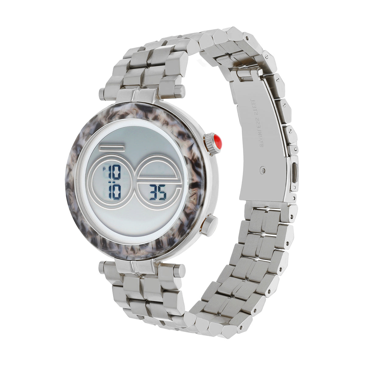 Reloj Cloe Digital para Dama con Bisel Tipo Mármol y Extensible de Acero Inoxidable OE2537