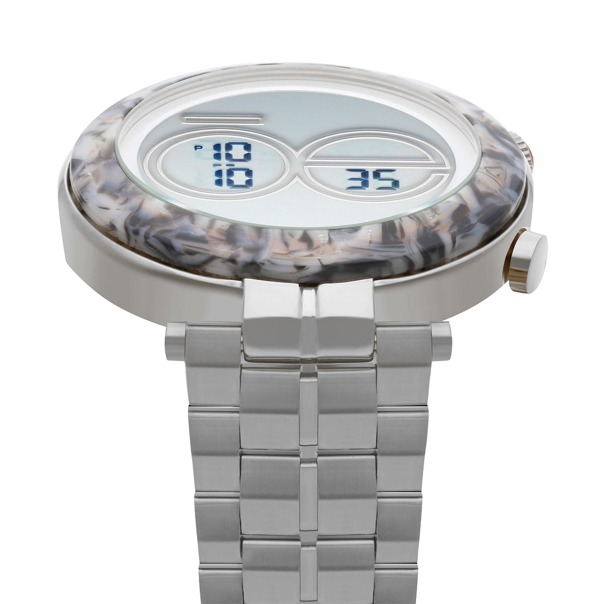 Reloj Cloe Digital para Dama con Bisel Tipo Mármol y Extensible de Acero Inoxidable OE2537