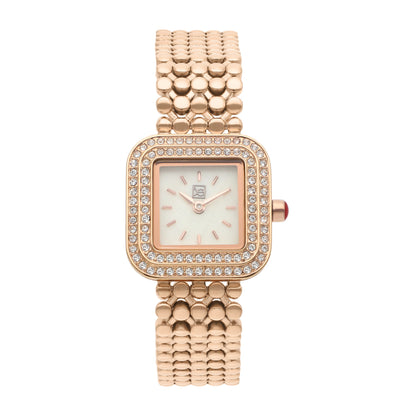 Reloj Cloe Análogo para Dama con Doble Pedrería en Bisel y Extensible de Acero Inoxidable OE2543