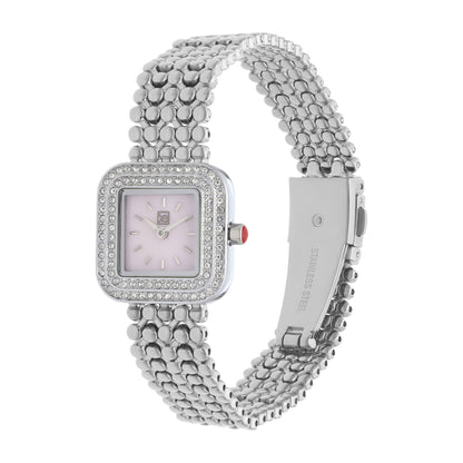 Reloj Cloe Análogo para Dama con Doble Pedrería en Bisel y Extensible de Acero Inoxidable OE2543