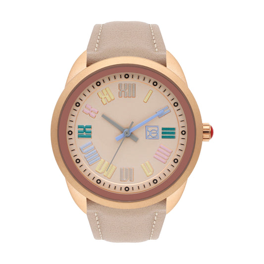 Reloj Cloe Análogo para Dama con Indicadores de Colores en Números Romanos y Correa de Tactopiel