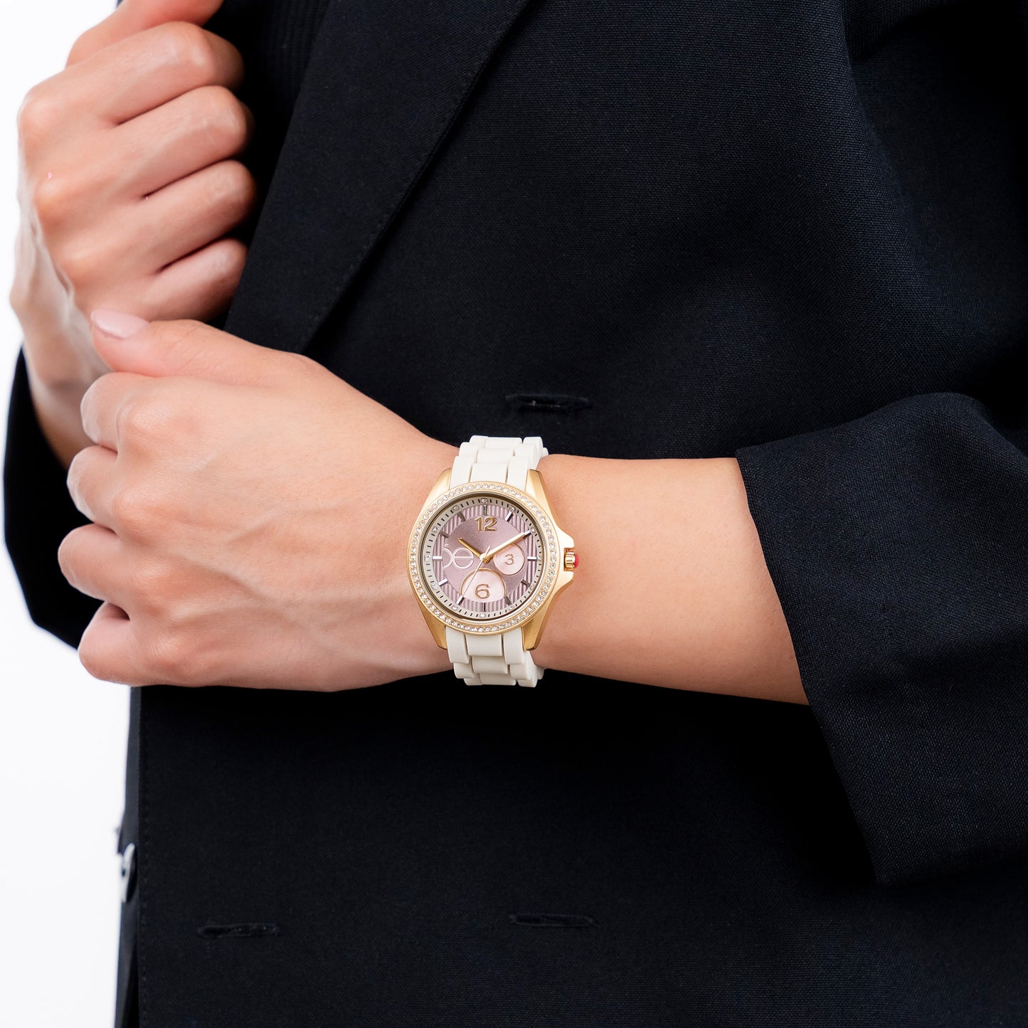 Reloj Cloe Análogo para Dama con Pedrería en Indicadores y Bisel y Correa de Silicón OE2606