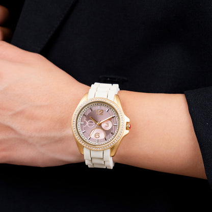 Reloj Cloe Análogo para Dama con Pedrería en Indicadores y Bisel y Correa de Silicón OE2606