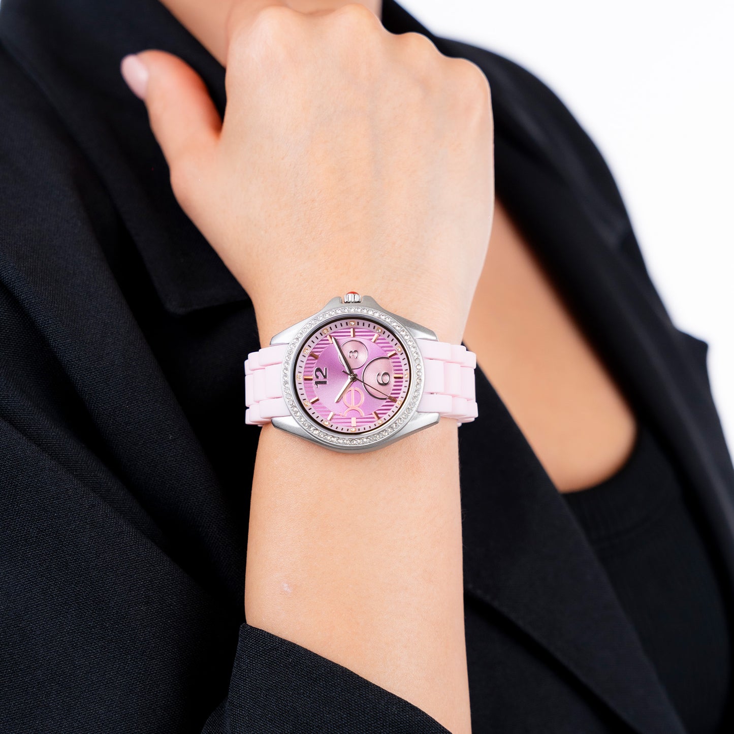Reloj Cloe Análogo para Dama con Pedrería en Indicadores y Bisel y Correa de Silicón OE2606