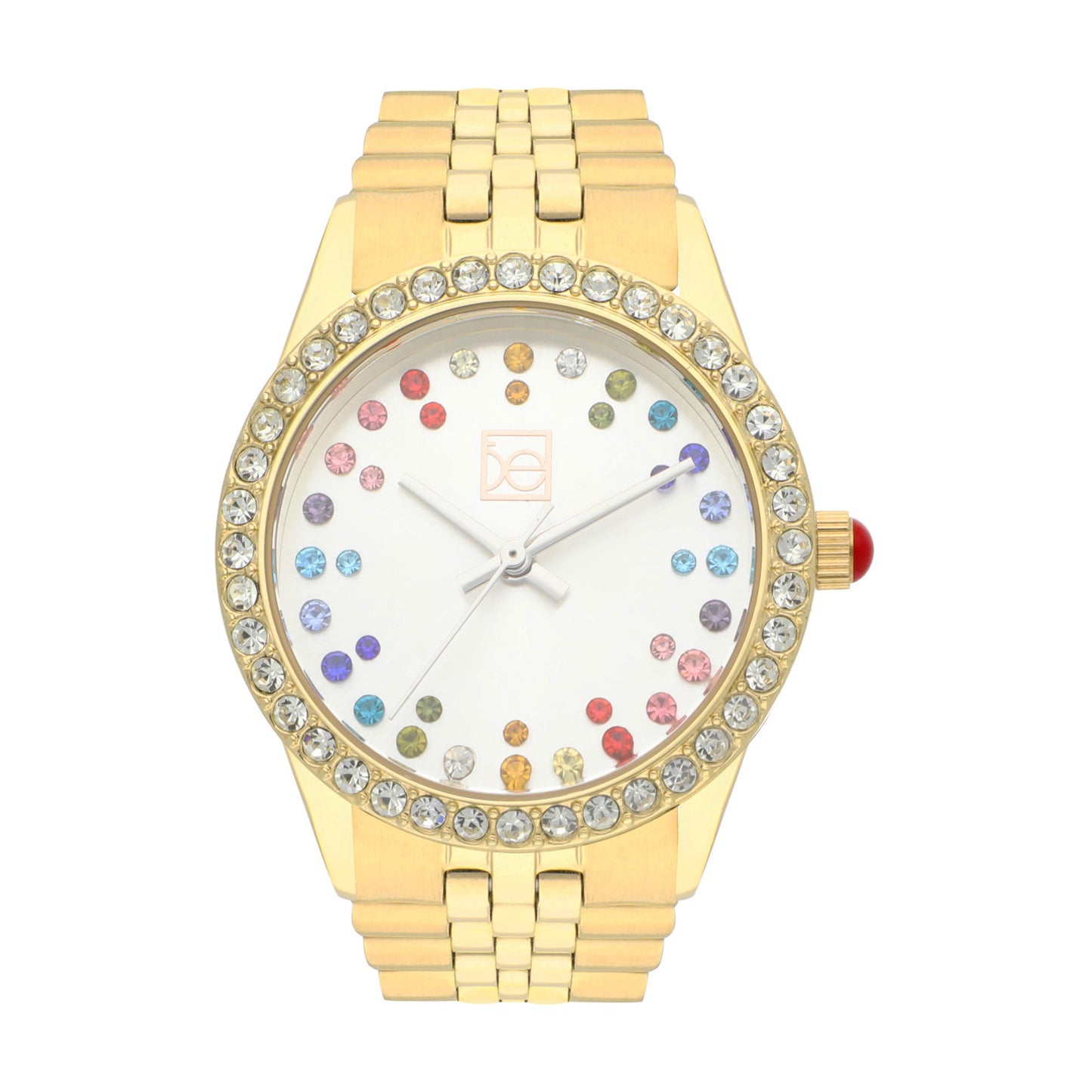 Reloj Cloe Análogo para Dama con Pedrería Multicolor en Indicadores y Extensible de Acero Inoxidable OE2609