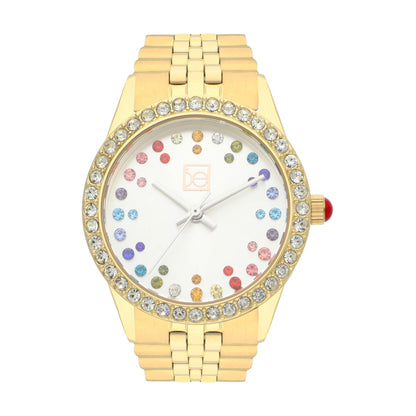 Reloj Cloe Análogo para Dama con Pedrería Multicolor en Indicadores y Extensible de Acero Inoxidable OE2609