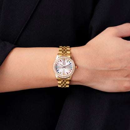 Reloj Cloe Análogo para Dama con Pedrería Multicolor en Indicadores y Extensible de Acero Inoxidable OE2609