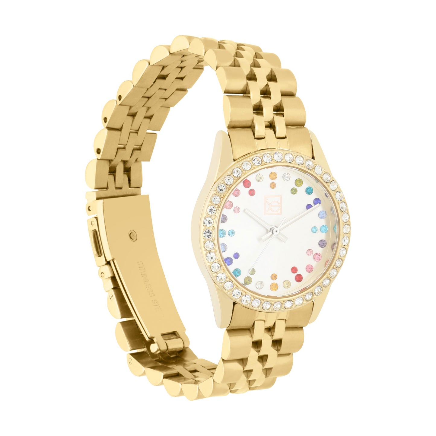 Reloj Cloe Análogo para Dama con Pedrería Multicolor en Indicadores y Extensible de Acero Inoxidable OE2609