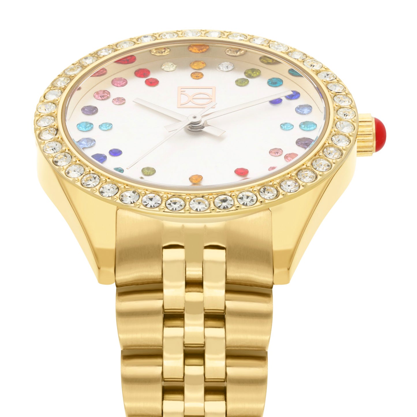 Reloj Cloe Análogo para Dama con Pedrería Multicolor en Indicadores y Extensible de Acero Inoxidable OE2609