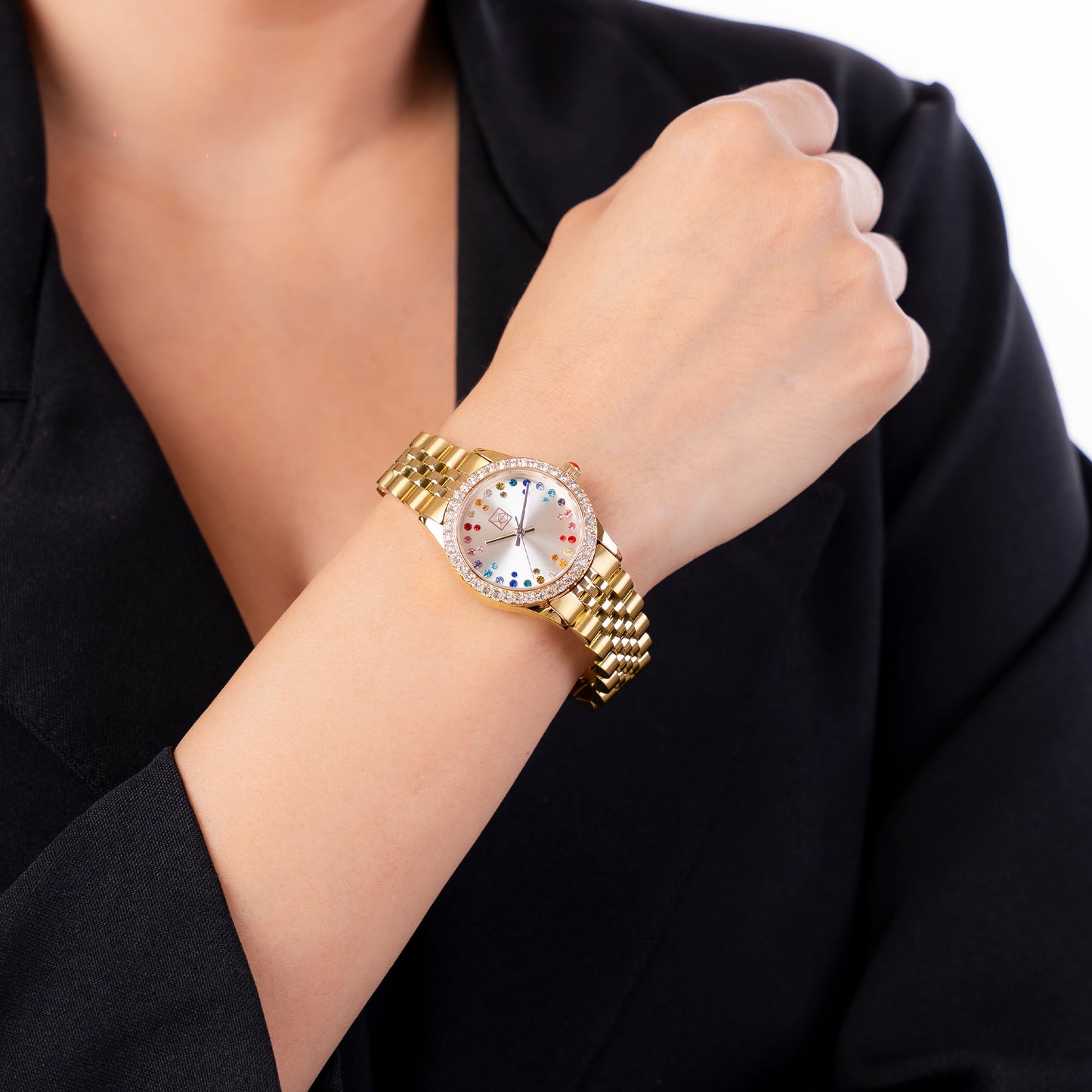 Reloj Cloe Análogo para Dama con Pedrería Multicolor en Indicadores y Extensible de Acero Inoxidable OE2609