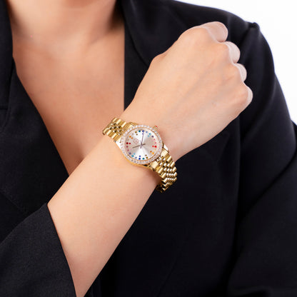 Reloj Cloe Análogo para Dama con Pedrería Multicolor en Indicadores y Extensible de Acero Inoxidable OE2609