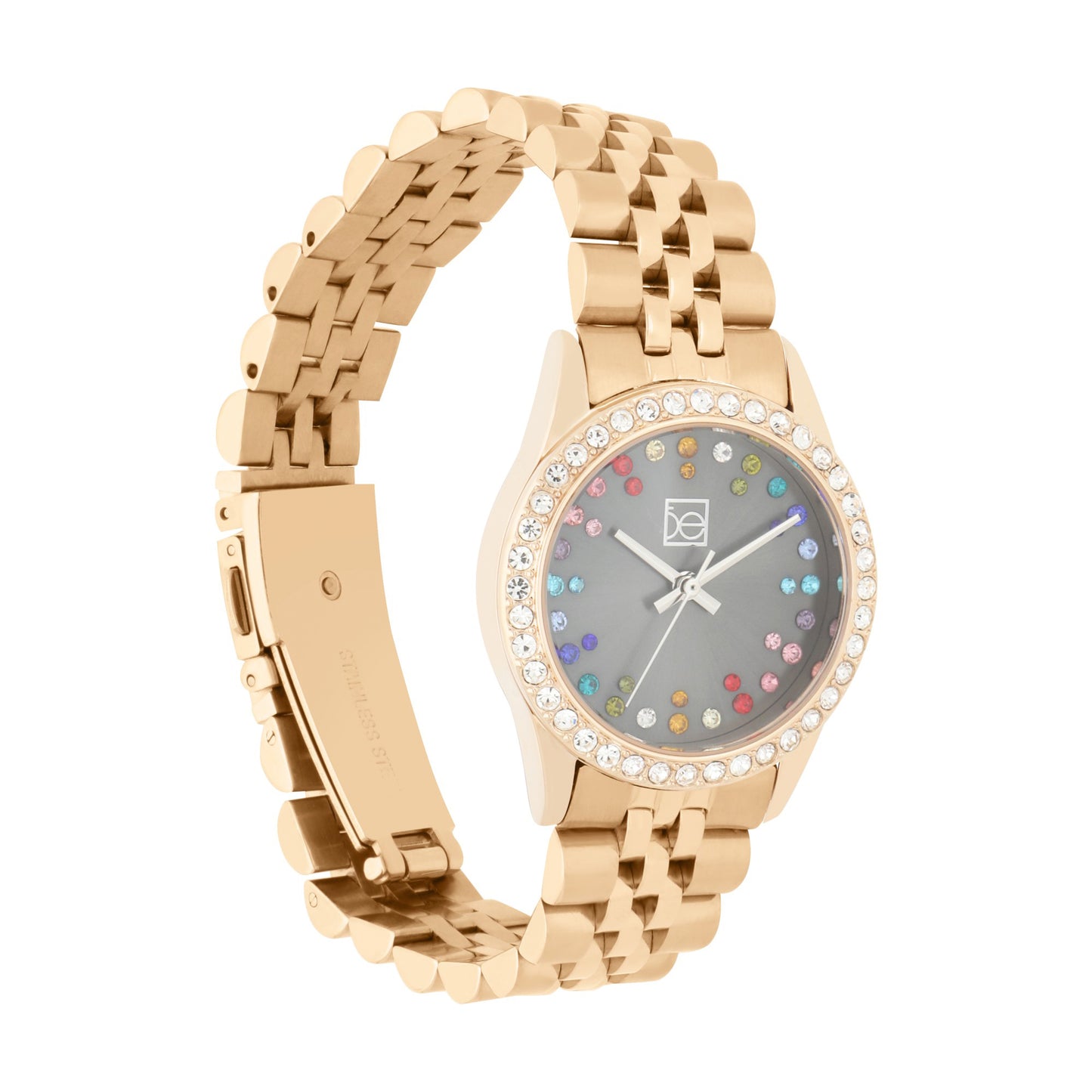 Reloj Cloe Análogo para Dama con Pedrería Multicolor en Indicadores y Extensible de Acero Inoxidable OE2609