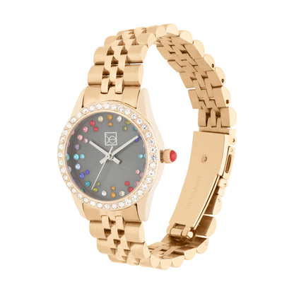 Reloj Cloe Análogo para Dama con Pedrería Multicolor en Indicadores y Extensible de Acero Inoxidable OE2609
