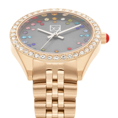 Reloj Cloe Análogo para Dama con Pedrería Multicolor en Indicadores y Extensible de Acero Inoxidable OE2609