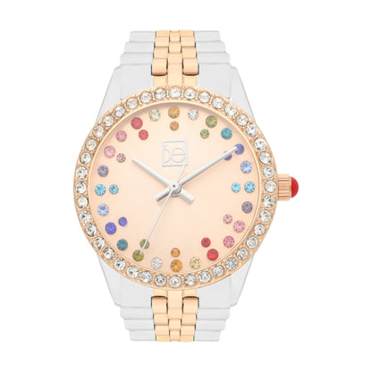 Reloj Cloe Análogo para Dama con Pedrería Multicolor en Indicadores y Extensible de Acero Inoxidable OE2609