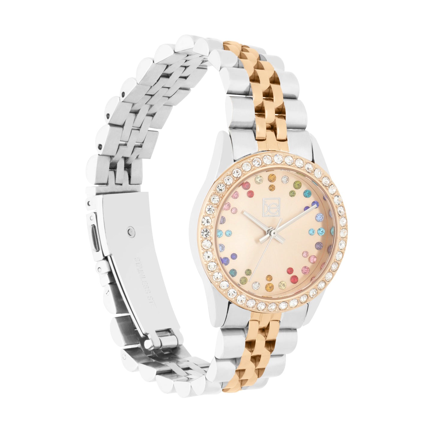 Reloj Cloe Análogo para Dama con Pedrería Multicolor en Indicadores y Extensible de Acero Inoxidable OE2609