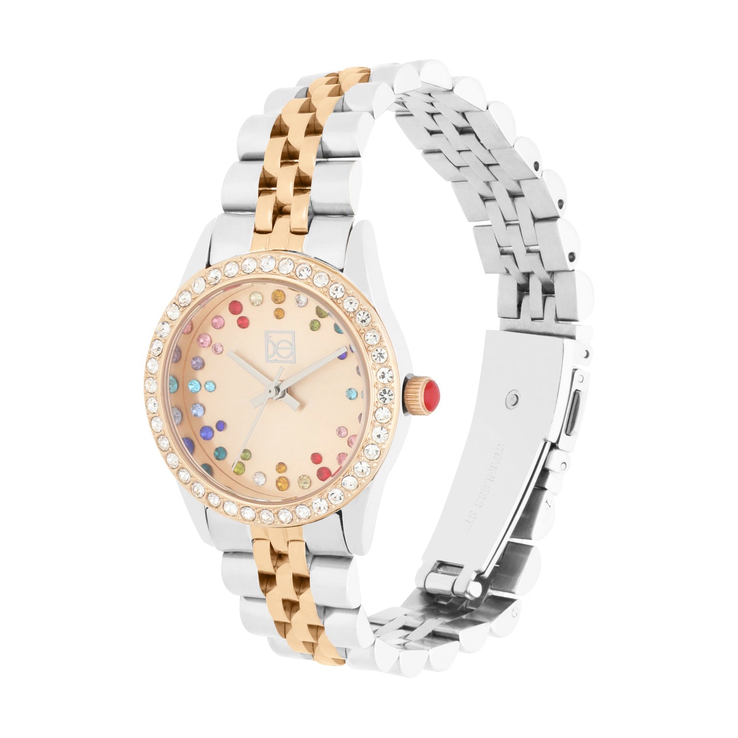 Reloj Cloe Análogo para Dama con Pedrería Multicolor en Indicadores y Extensible de Acero Inoxidable OE2609