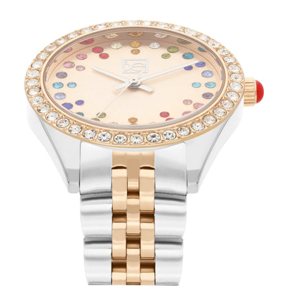 Reloj Cloe Análogo para Dama con Pedrería Multicolor en Indicadores y Extensible de Acero Inoxidable OE2609
