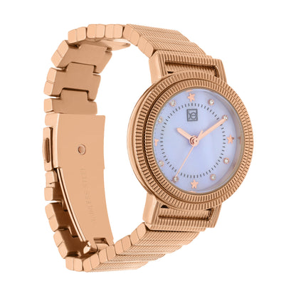 Reloj Cloe Análogo para Dama con Doble Bisel Estriado y Extensible de Acero Inoxidable OE2614