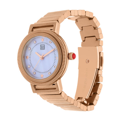 Reloj Cloe Análogo para Dama con Doble Bisel Estriado y Extensible de Acero Inoxidable OE2614